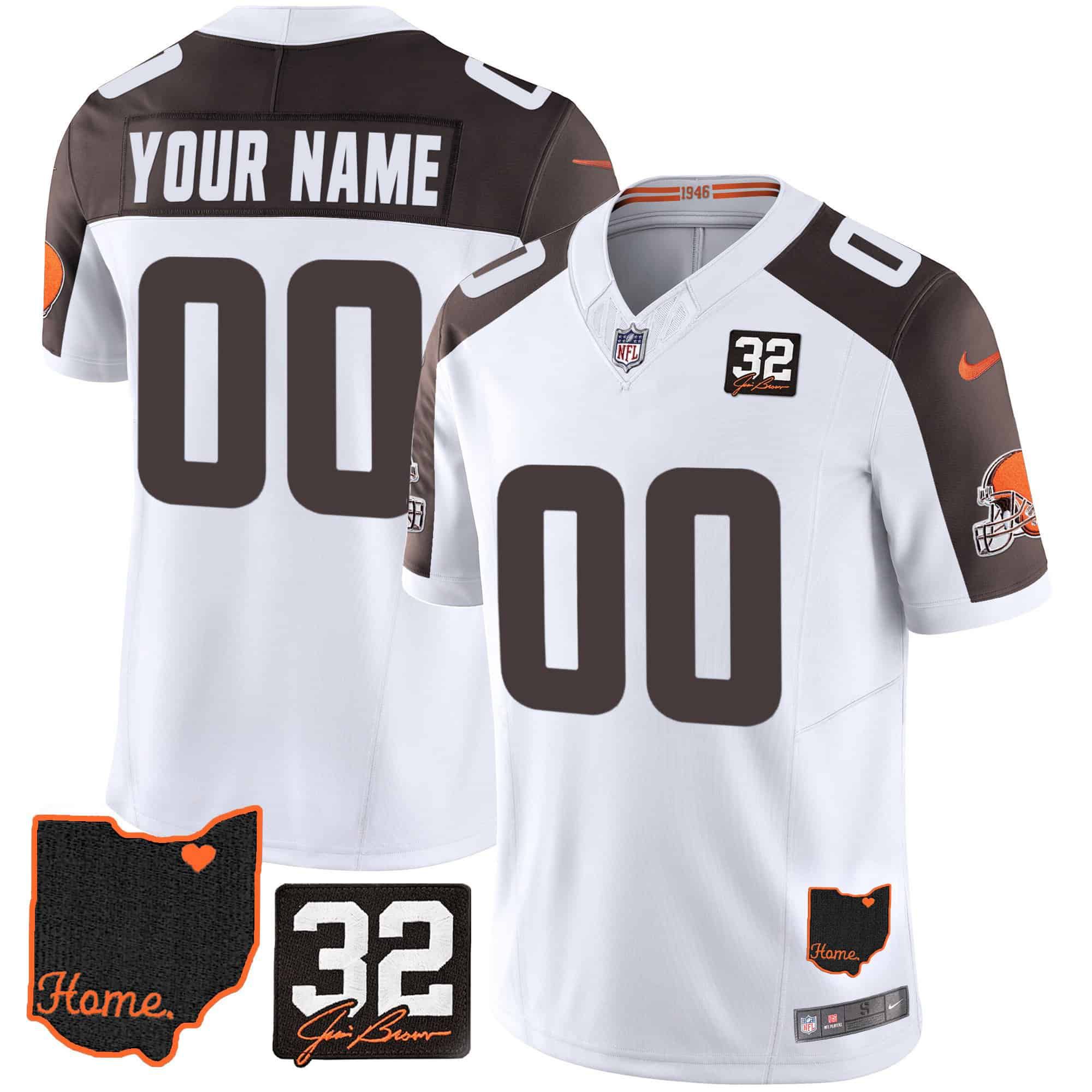 Men Cleveland Browns White #32 Jim Brown Memorial Home Patch Custom 2024 Nike NFL Jersey style 1
